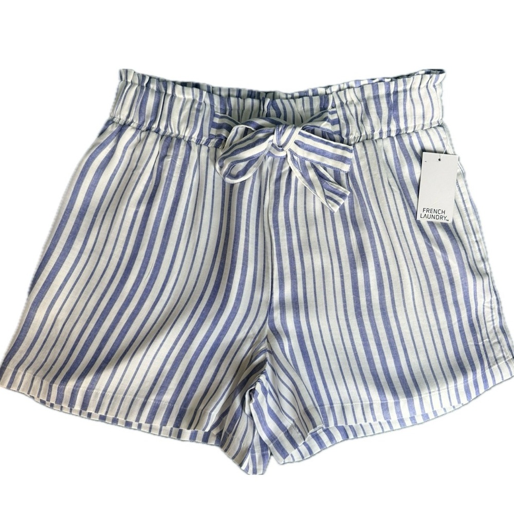 French Laundry High Waist Striped Paper Bag Shorts - Blue and White Size L